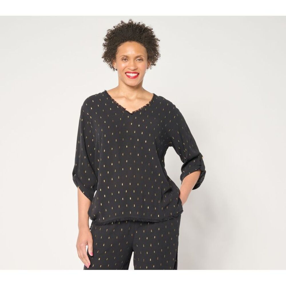 Susan Graver Women's Top Plus Sz 1X Soleil Lurex Clip Dot Dolman Black A690142